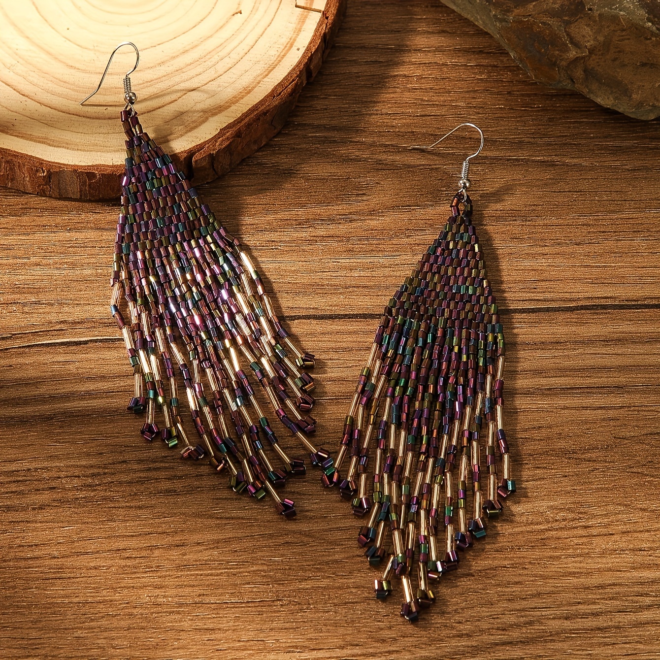 Women's Colorful Purple Tassel Beaded Earrings, Bohemian Style